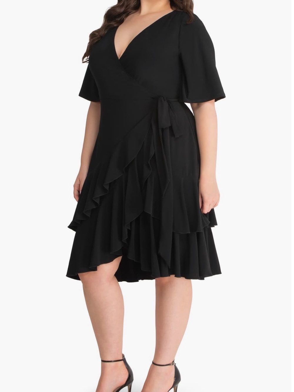 Kiyonna Black Wrap Ruffle Midi Dress